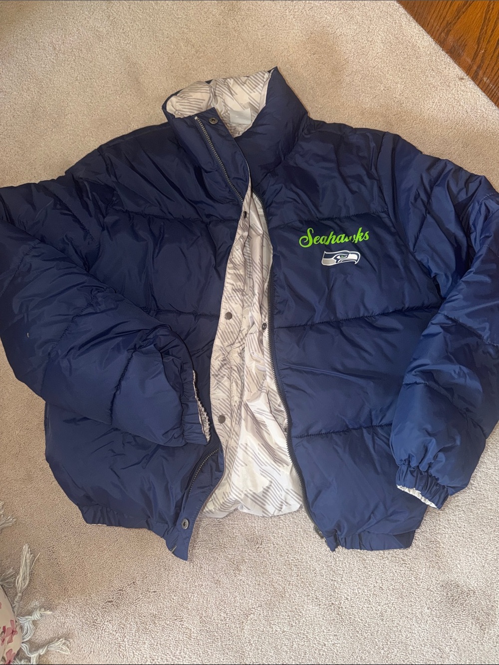 Women's Navy Puffer Bomber Jacket with Seahawks Logo